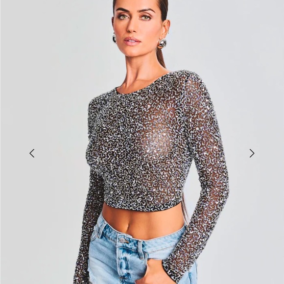 NWT RETROFETE black silver all over sequin crop top long sleeves, size XS - Picture 8 of 12